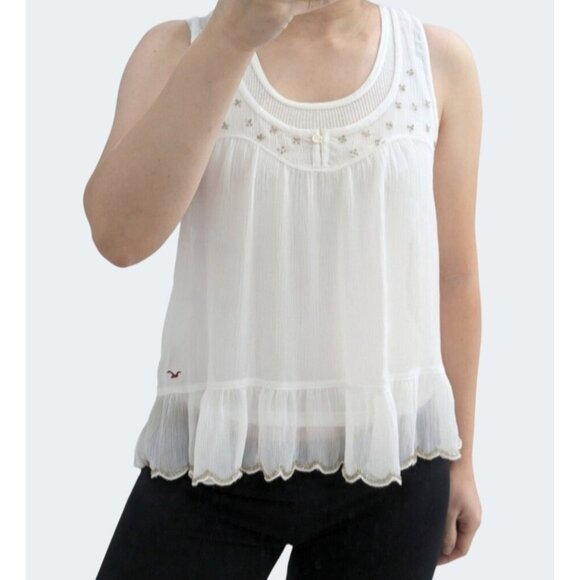 Hollister White Sleeveless Flowy Embroidered Tank Top Medium Scoop Neck - Picture 13 of 13